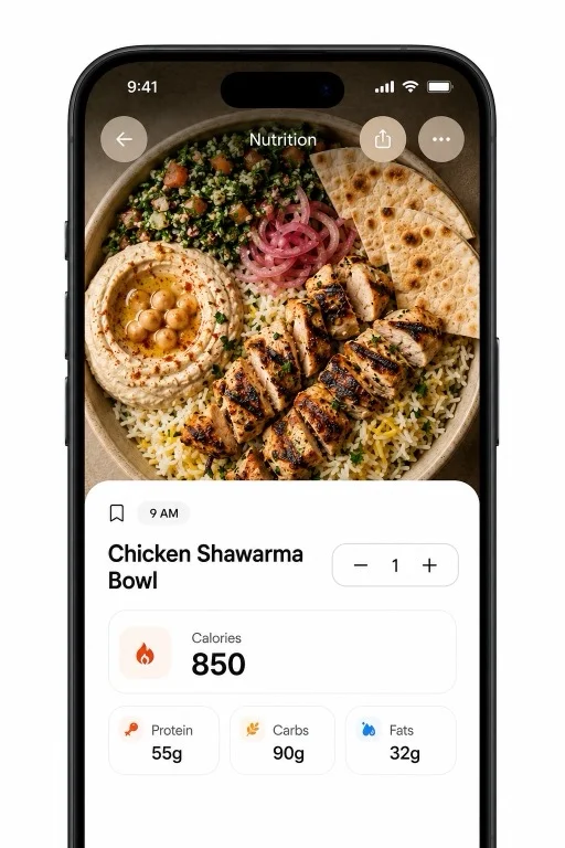 The Cal Habibi nutrition screen for a chicken shawarma bowl: 850 calories, 55 g protein, 90 g carbs and 32 g fat