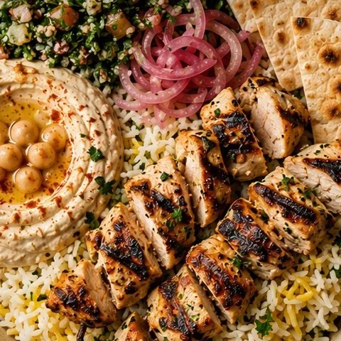 A chicken shawarma bowl with hummus, tabbouleh, rice and flatbread, seen through the Cal Habibi scanner